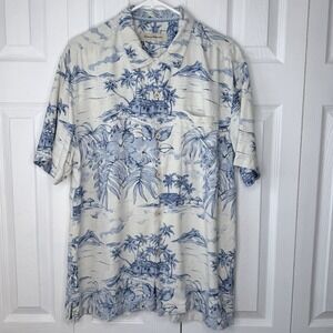 Tommy Bahama Shirt Mens Large Blue Tropic 100% Silk Hawaiian Camp
